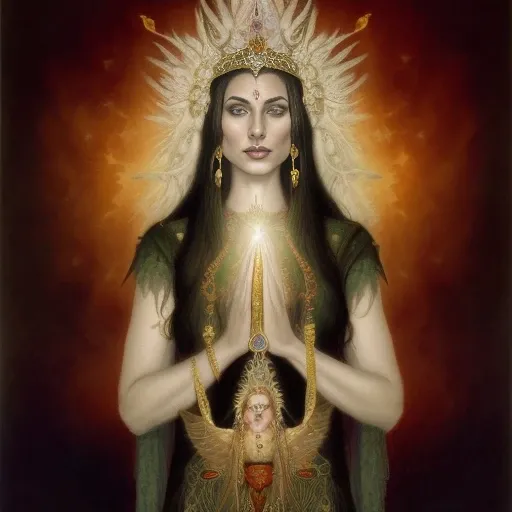 a portrait of a goegeous american sacral priestess, witch, goddess, princess, queen, intricate emerald and gold jewerly, dressed in jewels tones, magical surrounding lighting outline, holding a quartz crystal staff emanating rainbows, exotic, pretty face, intricate, elegant, highly detailed, digital painting, concept art, smooth, sharp focus, illustration, newhorrorfantasy_style