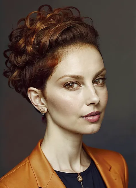 portrait of sks woman by Flora Borsi, style by Flora Borsi, bold, bright colours, orange Mohawk haircut, ((Flora Borsi)), <lora:locon_ashleyjudd_v1_from_v1_64_32:1.25>