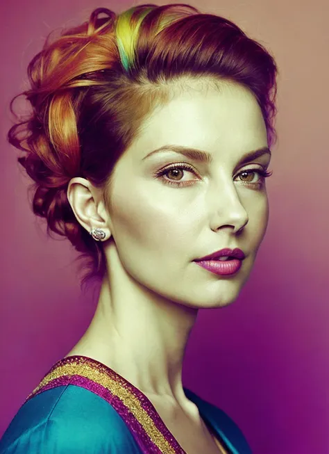 portrait of sks woman by Flora Borsi, style by Flora Borsi, bold, bright colours, rainbow Mohawk haircut, ((Flora Borsi)), <lora:locon_ashleyjudd_v1_from_v1_64_32:1.25>