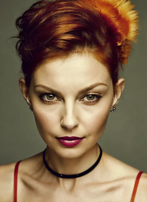 portrait of sks woman by Flora Borsi, style by Flora Borsi, bold, bright colours, orange Mohawk haircut, ((Flora Borsi)), <lora:locon_ashleyjudd_v1_from_v1_64_32:1.25>
