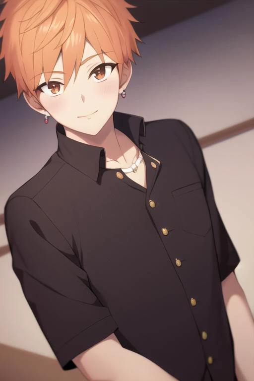 masterpiece, best quality, high quality, 1boy, solo, male focus, looking at viewer, upper body, <lora:shion_asuma:0.76>, shion_asuma, brown eyes, orange hair, jewelry, , gakuran