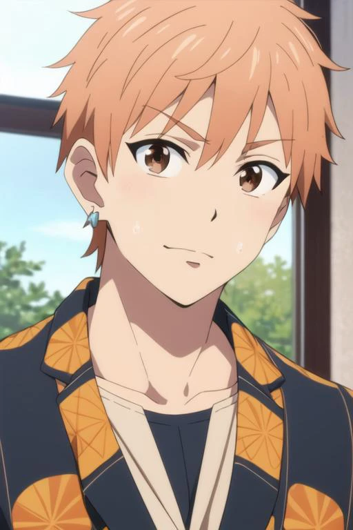 masterpiece, best quality, high quality, 1boy, solo, male focus, looking at viewer, upper body, <lora:shion_asuma:0.70>, shion_asuma, brown eyes, orange hair, jewelry, ,