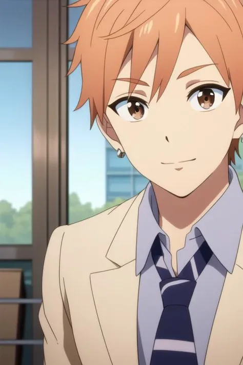 masterpiece, best quality, high quality, 1boy, solo, male focus, looking at viewer, upper body, <lora:shion_asuma:0.78>, shion_asuma, brown eyes, orange hair, jewelry, , school uniform