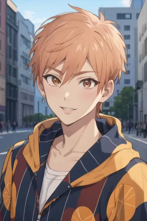 masterpiece, best quality, high quality, 1boy, solo, male focus, looking at viewer, upper body, <lora:shion_asuma:0.74>, shion_asuma, brown eyes, orange hair, jewelry, realistic, hoodie