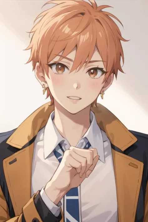 masterpiece, best quality, high quality, 1boy, solo, male focus, looking at viewer, upper body, <lora:shion_asuma:0.54>, shion_asuma, brown eyes, orange hair, jewelry, , coat