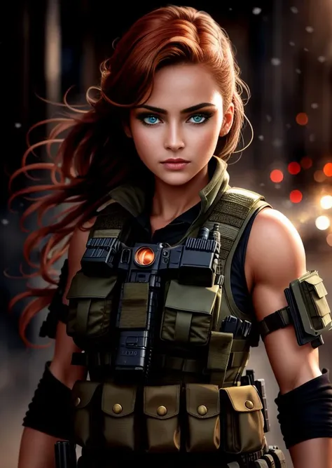 One atractive redhead young women, tech wear, tactical wear, tacticool, masterpiece, perfect full-body shot, High definition and sharpness, creative and expressive lighting, vibrant and evocative colors, detailed and stunning textures, impressive eye details, innovative and daring composition, surprising and captivating perspective, artistic fidelity and precision, creative and effective focus, well-controlled and expressive exposure, striking originality and creativity, captivating emotiveness and narrative, creative use of lights and shadows, capturing unique and surprising moments, impeccable technical mastery, harmonious tonal balance, meticulous care in every detail, realistic and expressive portraits, masterful use of color to create unique atmospheres, stunning visual impact.