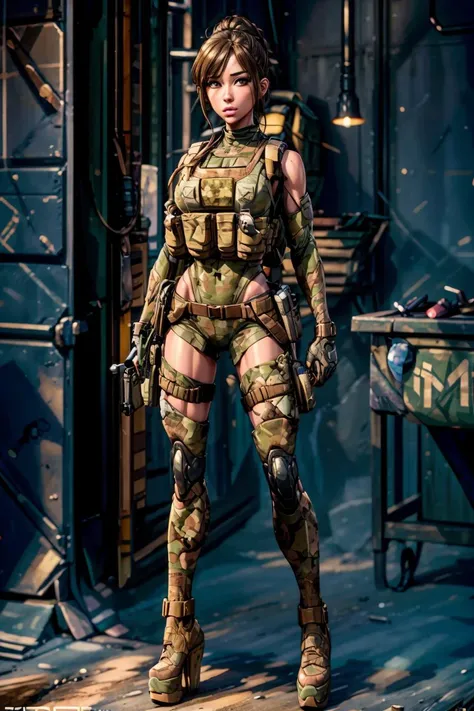 masterpiece, best quality, CG, wallpaper, HDR, high-definition, detailed, High quality, 1girl, Full body, standing, symmetrical face, looking at viewer, woman, platform heels,<lora:more_details:0.8> <lora:th3p1t_v3:0.6> th3p1t <lora:1.5_perfect hands:1>
<lora:Tacticool:0.6> tacticool, vest, military, soldier, camouflage clothing, hotpants, kneepads,