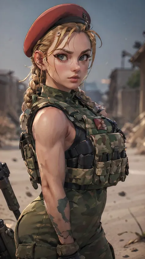 <lora:Tacticool:0.6> ((portrait shot)) Tacticool, <lora:cammy:0.8>, (vest:1.2), cammy in military clothing, red beret, 4k, high-res, masterpiece, best quality, (head:1.3), finely detailed skin, cleavage, war zone, blurred background, bokeh