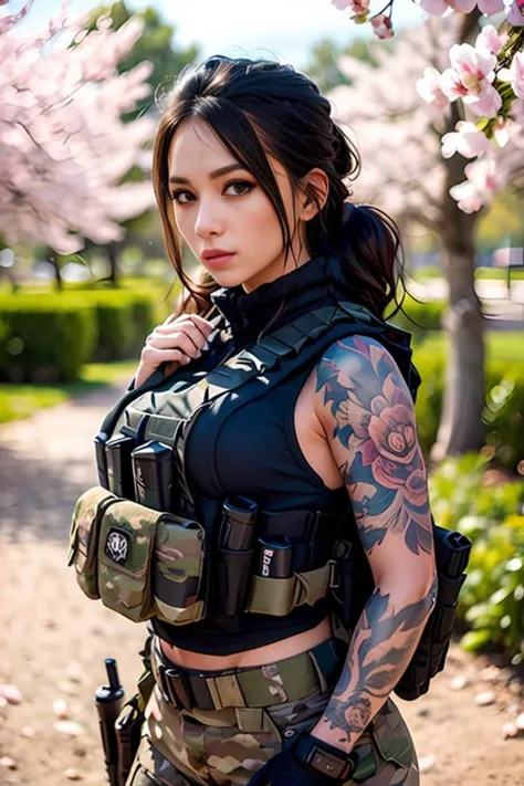 <lora:Tacticool:0.6> ((portrait shot)) Tacticool, a woman, (vest:1.2), military, 4k, high-res, masterpiece, best quality, (head:1.3), finely detailed skin, cleavage, large Sakura tree