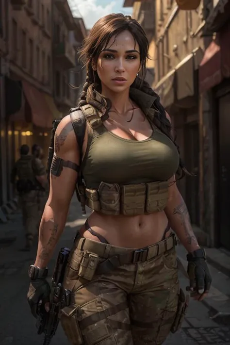 octane render, hdr, (hyperdetailed:1.3), (frontal soft light, sharp:1.2), Beautiful (Lara Croft:1) in a street, detailed face, perfect body, cinematography, maximum details, neutral colors, hdr, soft cinematic light, insane details, ((realistic filter)), (look at camera), (perfect legs), (perfect breast),random view, (regular hip), ((pull up thonga)), <lora:Tacticool:0.5>, Tacticool, (vest:1.2), military, (cleavage)