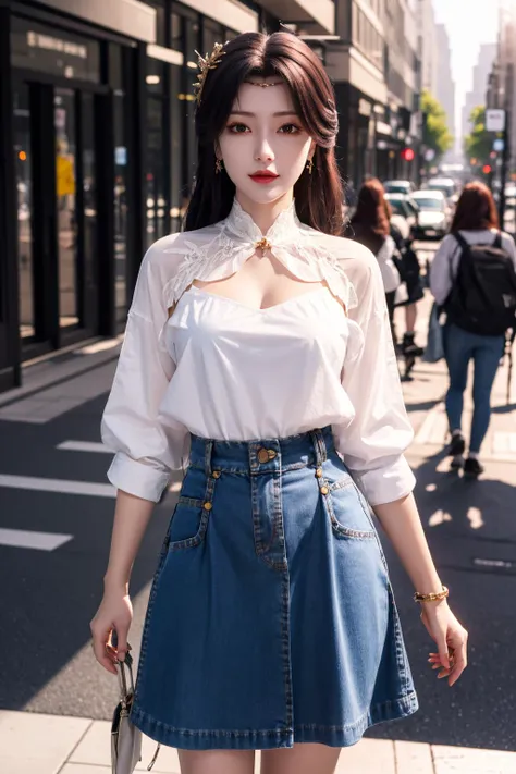masterpiece, best quality, 8k, cinematic light, ultra high res, 1girl, shirt, denim skirt, on the street, day, sunlight, <lora:YUNXI-v1:1>