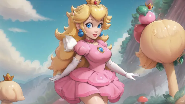 highres,masterpiece,perfect ligthing,bloom,cinematic lighting,adult,perfect skin,female,cowboy shot,smile,narrow waist,skinny,,(PrincessPeach),choker,detailled eyes,blue eyes,sensual,mushroom kingdom,pink lips,(glossy lips),pursed lips,pink pumps,glossy skin,oily skin,beautiful light,(day:1.3),bright,looking at viewer,pch,pink dress,brooch,puffy sleeves,short sleeves,smile,lipstick,elbow gloves,earrings,crown,outside of castle,large breasts,