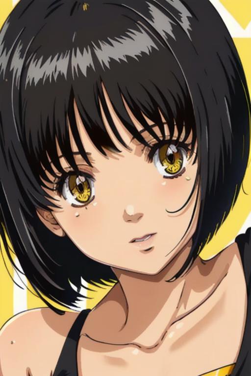 A close up of a woman with a black hair and yellow eyes - SeaArt AI