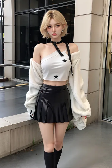 masterpiece, best quality, ultra realistic 8k cg, picture-perfect face, flawless, detailed background, concrete, wood, cracks, soft lighting,
((1girl, solo)), hiqcgbody, full body, standing, looking at viewer, angry, blush, (blonde hair, short hair, glossy lips, sweat),
bomber jacket, off shoulder, crop top, sleeves past wrists, pleated skirt, chocker, earrings, kneehighs, loafers, solo focus,
<lora:AG-nini:0.8>, <lora:hipoly3DModelLora_v10:0.6>,