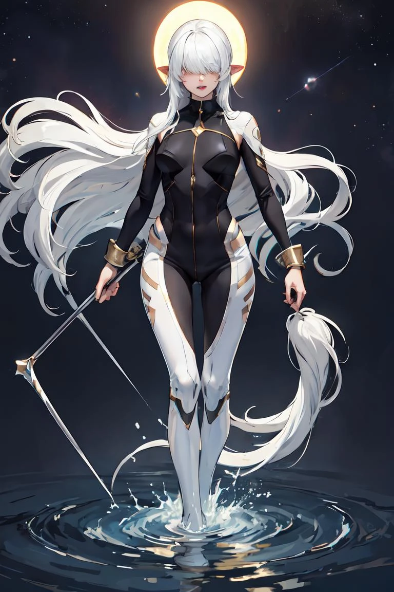 masterpiece, space, stars, fantasia, night sky, full body, 1girl, solo, white hair, jewelry, pointy ears, , extra long hair , bodysuit, standing on water, parted lips, hair over eyes, milf, mature female,