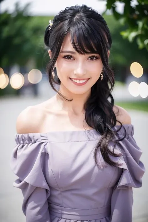 1girl, (wearing an off-the-shoulder dress:1.6),(RAW photo, best quality), (realistic, photo-realistic:1.4), masterpiece, an extremely delicate and beautiful, extremely detailed, 2k wallpaper, Amazing, finely detail, extremely detailed CG unity 8k wallpaper, ultra-detailed, highres, soft light, beautiful detailed girl, extremely detailed eyes and face, beautiful detailed nose, beautiful detailed eyes,cinematic lighting,(in the city:1.6)(night city view:1.6),perfect anatomy,slender body,(smile:1.4),(young girl:1.4),(close up:1.6),(look at viewer:1.4),(front view:2.0),cinematic angle,(wavy long hair:1.2),standing,(cleavage:0.8),   <lora:sumitomomijiena_lora-01:0.8>