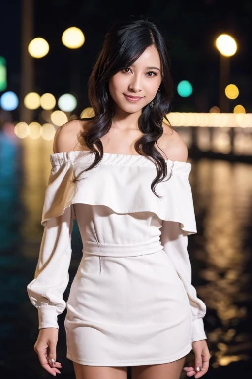 1girl, (wearing an off-the-shoulder dress:1.6),(RAW photo, best quality), (realistic, photo-realistic:1.4), masterpiece, an extremely delicate and beautiful, extremely detailed, 2k wallpaper, Amazing, finely detail, extremely detailed CG unity 8k wallpaper, ultra-detailed, highres, soft light, beautiful detailed girl, extremely detailed eyes and face, beautiful detailed nose, beautiful detailed eyes,cinematic lighting,(in the city:1.6)(night city view:1.6),perfect anatomy,slender body,(smile:1.4),(young girl:1.4),(close up:1.2),(look at viewer:1.4),(front view:2.0),cinematic angle,(wavy long hair:1.2),standing,(cleavage:1.2), <lora:sumitomomijiena_lora-01:0.8>