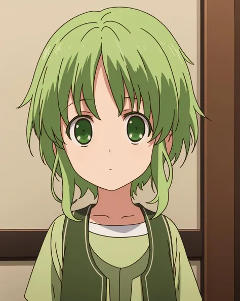 ((masterpiece)), (( best quality)), 1girl, solo, child, green hair, green eyes, green shirt, short hair, looking at viewer, upper body, <lora:Tiatto-lion8bit-noreg:0.7>,