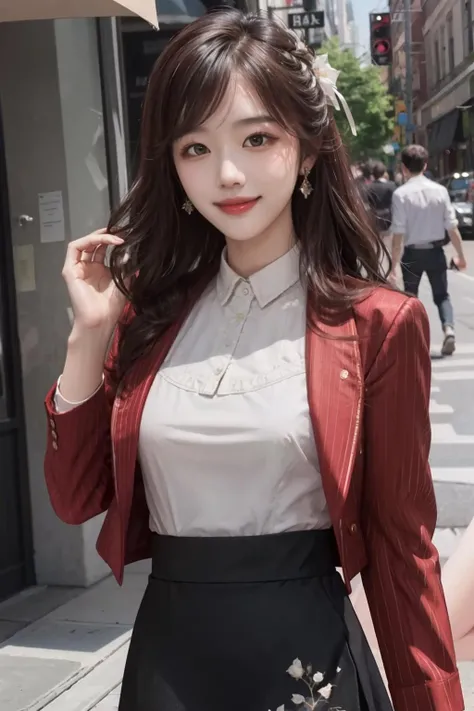 masterpiece, best quality, <lora:rose:1>,tot-rose, 1girl, solo, red jacket,white shirt,black skirt,smile,zzz