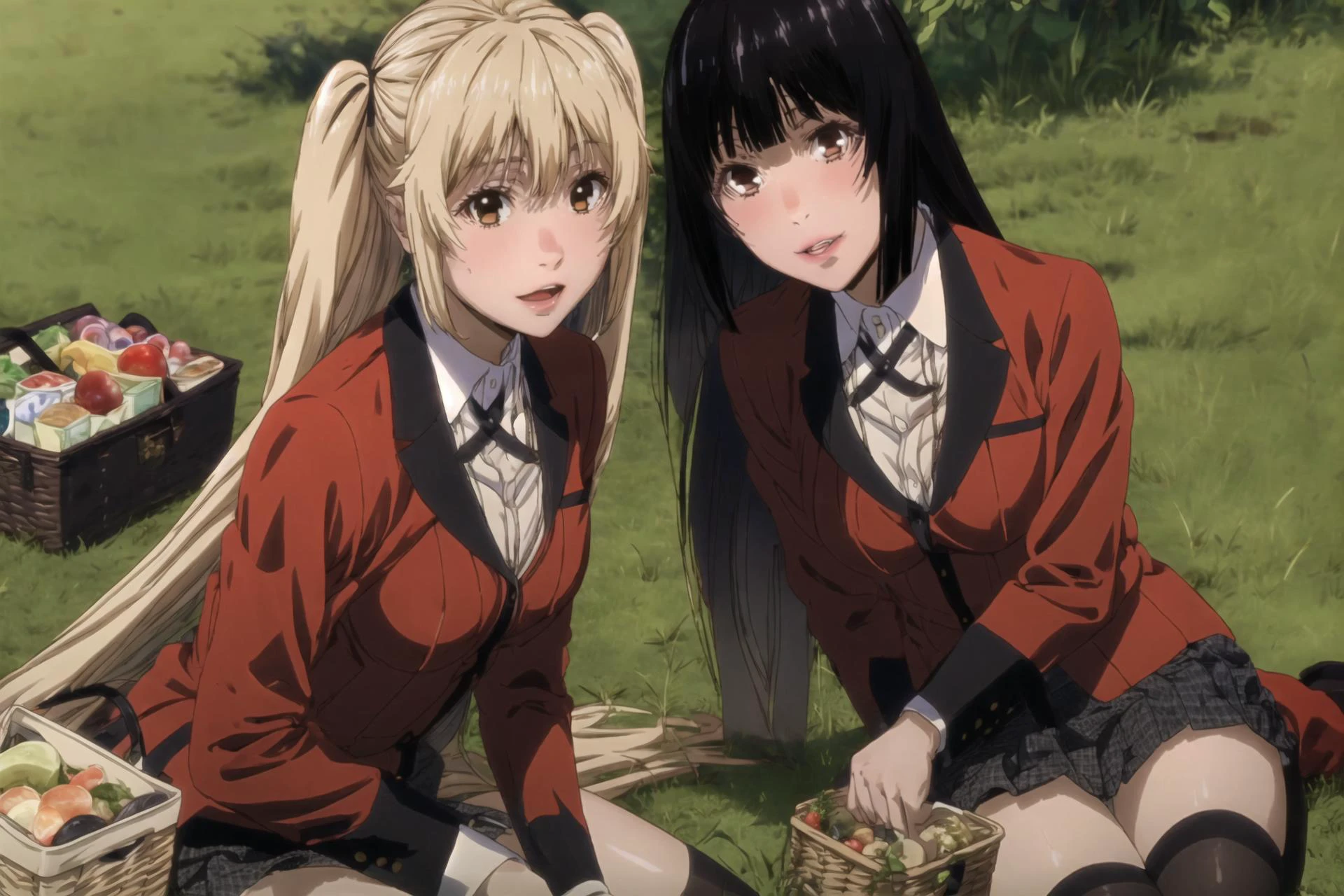 2girls, picnic, sunny day, flower, fruit, cinematic, on grass, picnic basket, cinematic, nature, <lora:add_detail:0.5>
BREAK saotome mary, twintails, blonde hair, brown eyes, <lora:Kizuki_KakeguruiSaotomeMaryLoRA:1>, black legwear, school uniform, red jacket, shirt, black skirt, looking at viewer,
BREAK jabami yumeko, black hair, long hair, blunt bangs, <lora:Kizuki_Kakegurui_Jabami_Yumeko_LoRA:1>, black legwear, school uniform, red jacket, black skirt, ribbon, white shirt, looking at viewer