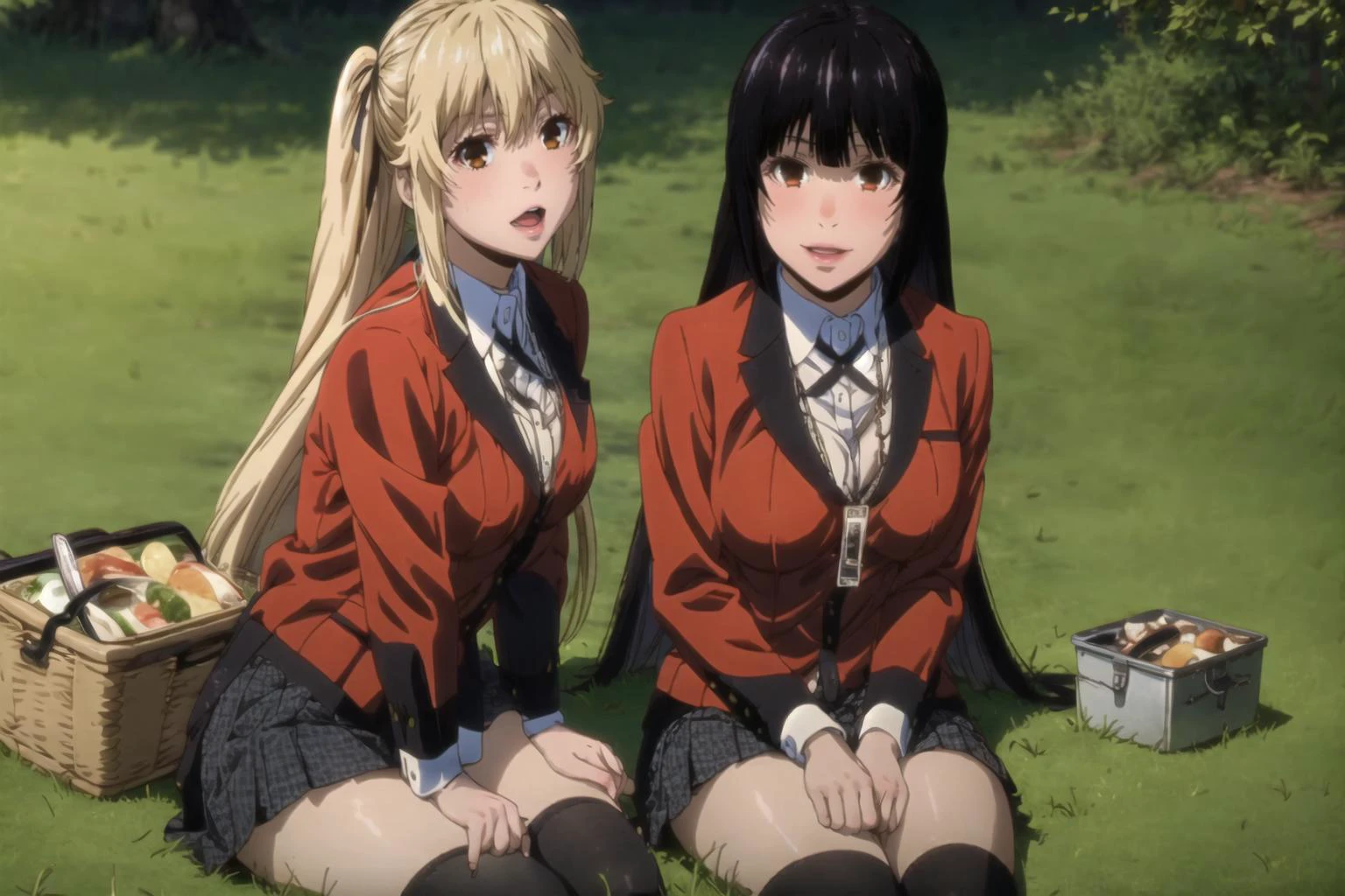 2girls, picnic, sunny day, cinematic, on grass, picnic basket, cinematic, nature, <lora:add_detail:0.5>
BREAK, saotome mary, twintails, blonde hair, brown eyes, <lora:Kizuki_KakeguruiSaotomeMaryLoRA:1>, black legwear, school uniform, red jacket, shirt, black skirt, looking at viewer,
BREAK jabami yumeko, black hair, long hair, blunt bangs, <lora:Kizuki_Kakegurui_Jabami_Yumeko_LoRA:1>, black legwear, school uniform, red jacket, black skirt, ribbon, white shirt, looking at viewer
