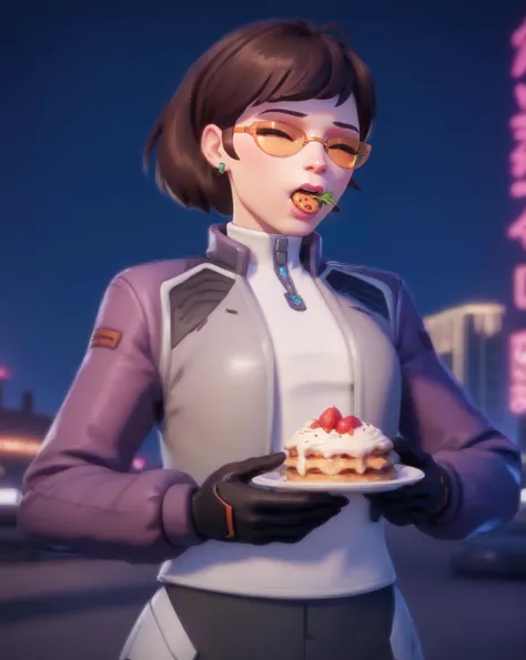 score_9, score_8_up, score_7_up, score_6_up, 1girl, solo focus, 2.5d, dva porsche, d.va (overwatch), eating an icecream,  city background, <lora:Dva porsche-000030:1>