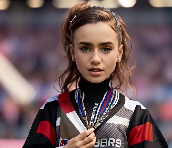 Soccer fan, (wearing british soccer uniform, sports shoes, standing on tribune, in an crowded soccer stadium), ((watching british soccer match, shouting loudly, insulting the goal keeper)),  floating hair, necklace, jewelry, body chain, gold chain, hair ornament, makeup, surrounded by celebrating soccer fans, manchester flags in background,(masterpiece, best quality, ultra-detailed, best shadow), (detailed face), high contrast, (best illumination), ((cinematic light)), colorful, hyper detail, dramatic light, intricate details, lcollins, <lyco:Lcollins:0.8>,