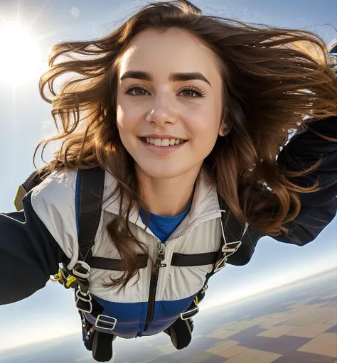 ((skydiving woman, falling, through the sky, head down, full body, 15000 feet over ground, parachute)), masterpiece, best quality, ultra-detailed, (evening), (summer, sunny, long hair, wavy hair, messy hair, windy), cheerful, happy, googles, gloves, jumpsuit, shadows, contrast, clear sky, analog style (look at viewer:1.2) , solo, 1girl, ((full body, happy)), lcollins,  <lyco:Lcollins:0.75>