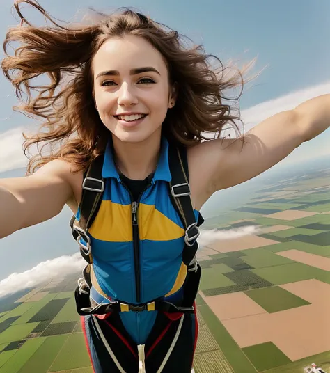 ((skydiving woman, falling, through the sky, head down, full body, 15000 feet over ground, parachute)), masterpiece, best quality, ultra-detailed, (evening), (summer, sunny, long hair, wavy hair, messy hair, windy), cheerful, happy, googles, gloves, jumpsuit, shadows, contrast, clear sky, analog style (look at viewer:1.2) , solo, 1girl, ((full body, happy)), lcollins,  <lyco:Lcollins:0.75>