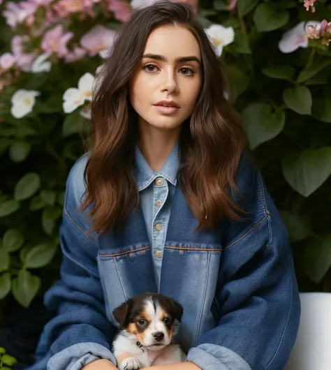 professional photo shoot of a woman wearing a (long black oversized sweater,denim jeans, sneakers, subtle make-up, long hair), ((sitting in a beautiful blooming flower garden, cuddling a cute puppy)), spring,  perfect lightning,soft lightning, daylight, sunrise, ((inperfect skin, detailed skin, realistic skin, pores, detailed face)),  high quality, natural colors, insane details,  (masterpiece, best quality, ultra-detailed, best shadow),lcollins, <lyco:Lcollins:0.8>