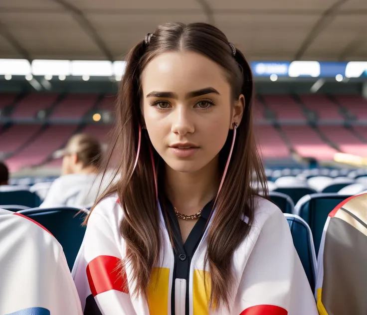 Soccer fan girl, (wearing english soccer uniform, sports shoes, wide angle shot, sitting on tribune, in an crowded soccer stadium), ((watching british soccer match)),  floating hair, necklace, jewelry, body chain, gold chain, hair ornament, makeup, (very long hair), surrounded by fanatical soccer fans, (masterpiece, best quality, ultra-detailed, best shadow), (beautiful detailed face), high contrast, (best illumination), ((cinematic light)), colorful, hyper detail, dramatic light, intricate details, (1 girl, solo, sharp face) , lcollins,  <lyco:Lcollins:0.85>,