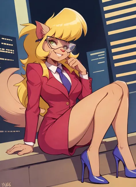 calliebriggs, furry female anthro, cat girl, full body, red skirt suit, necktie, high heels, solo, (body fur:1.2), (best quality), (detailed urban background:1.2), dramatic lighting, (detailed fluffy fur:1.1), looking at viewer,  smile, glasses, tail, <lora:calliebriggs-v1:1>