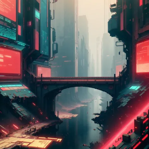 <lora:MalwareTech-22:0.9>, matwaretech  , scifi, cyberpunk, pixelated,  malware glitch, red hues , 
city, bridge, river
