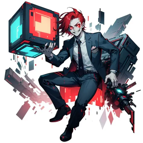 (simple background:1.2), ( white background:1.2),  full body,looking at viewer, young student , (chibi:0.7), 
1boy,  holding a giant cube, suit, necktie,(academy uniform:0.75) , smile ,  creepypasta , 
 colored skin, red hair ,  glowing hair,   skinny, psyco , floating ,
<lora:MalwareTech-22:0.8>, matwaretech , scifi, cyberpunk, pixelated, malware glitch, red hues ,