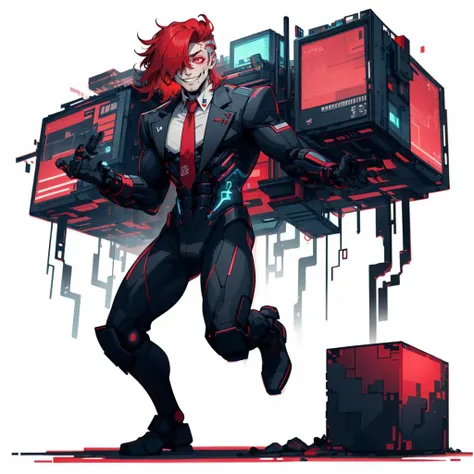 (simple background:1.2), ( white background:1.2), full body,looking at viewer,
1boy, lifting a giant cube, suit, necktie,(academy uniform:0.75) , smile , pale skin, hair over one eye,
colored skin, red hair , glowing hair, skinny, psyco ,
<lora:MalwareTech-22:0.8>, matwaretech , scifi, cyberpunk, pixelated, malware glitch, red hues ,