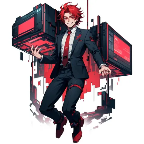 (simple background:1.2), ( white background:1.2), full body,looking at viewer,
1boy, holding a giant cube, suit, necktie,(academy uniform:0.75) , smile ,
colored skin, red hair , glowing hair, skinny, psyco , floating ,
<lora:MalwareTech-22:0.8>, matwaretech , scifi, cyberpunk, pixelated, malware glitch, red hues ,