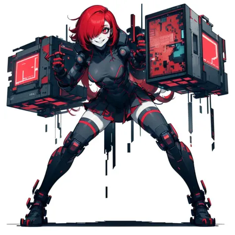 (simple background:1.2), ( white background:1.2), full body,looking at viewer,
1boy, lifting a giant cube, suit, necktie,(academy uniform:0.75) , smile , pale skin, hair over one eye,
colored skin, red hair , glowing hair, skinny, psyco ,
<lora:MalwareTech-22:0.8>, matwaretech , scifi, cyberpunk, pixelated, malware glitch, red hues ,