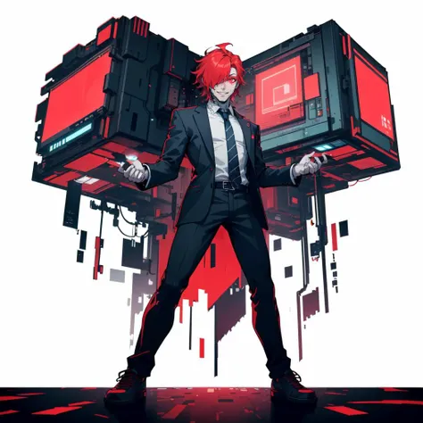 (simple background:1.2), ( white background:1.2), full body,looking at viewer,
1boy, holding a giant cube, suit, necktie,(academy uniform:0.75) , smile , (pale skin:1.2), hair over one eye,
colored skin, red hair , glowing hair, skinny, poker face ,
<lora:MalwareTech-22:0.8>, matwaretech , scifi, cyberpunk, pixelated, malware glitch, red hues ,