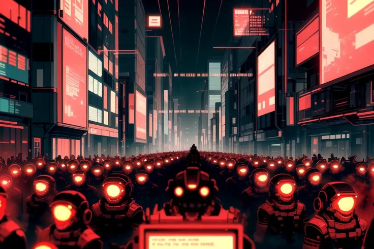 masterpiece, best quality,
(hordes of the unread vs the police :1.1) , zombie army on overrunning the city 
 <lora:MalwareTech-22:0.8>, matwaretech , scifi, cyberpunk, pixelated, malware glitch, red hues ,  glowing eyes,