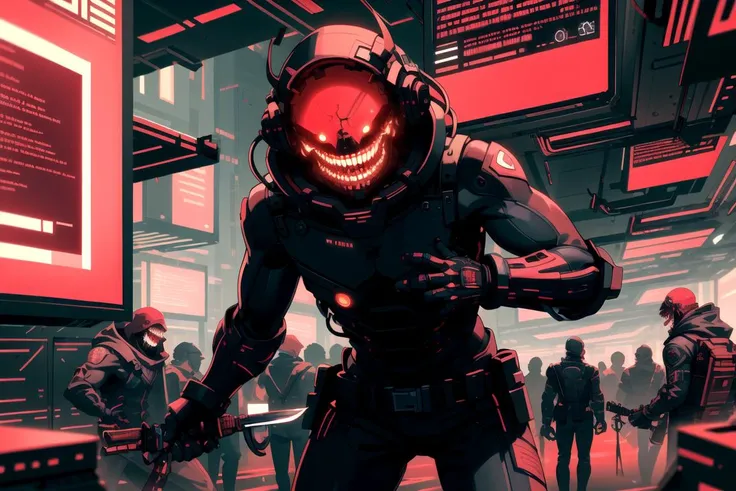 masterpiece, best quality,
slums,( gang:1.2), holding knifes, evil grin,
<lora:MalwareTech-22:0.8>, matwaretech , scifi, cyberpunk, pixelated, malware glitch, red hues ,