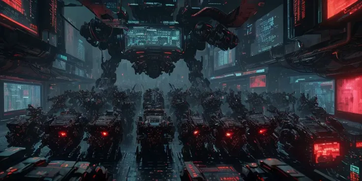 ((a horde of (screen head robots) stand in a crowded city)), Army of screens, a bunch of people (with a large console television monitor head displaying the NTSC 4:3 format) that are standing in the street, horde of robots with screen heads, screen floor, screen walls, screen sky, cyberpunk art. [Love, Death, and Robots] <lora:MalwareTech-22:0.8>, matwaretech , cubic television head, scifi, cyberpunk, pixelated, malware glitch hues, array of crt televisions, masterpiece, best quality