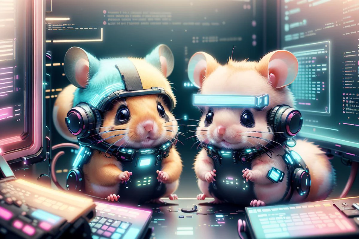(hamsters,:1.2) , in cyberspace , <lora:MalwareTech-22:0.8> matwaretech , scifi, cyberpunk, pixelated, malware glitch, <lora:KawaiiTech-20:0.7> kawaiitech, pastel colors, kawaii, cute colors,