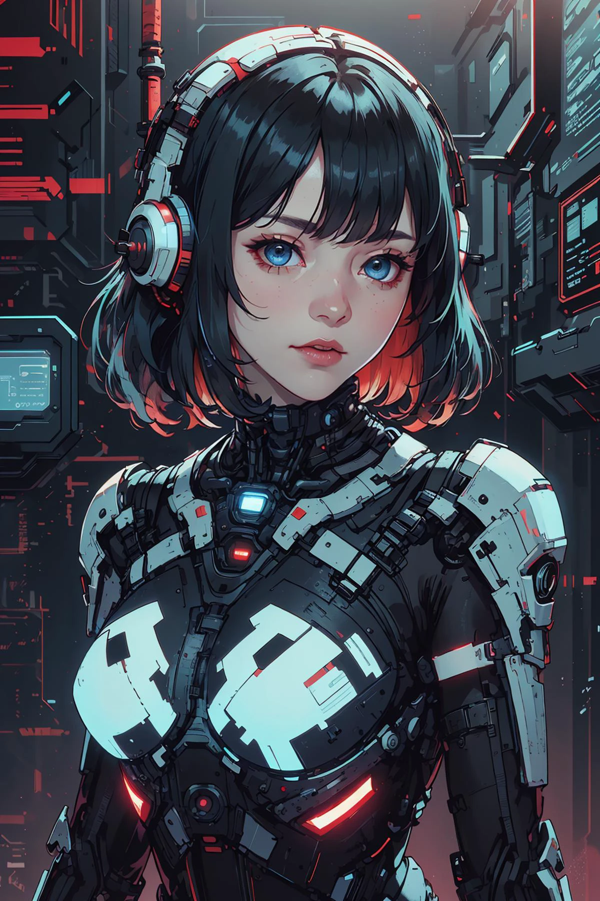 (intricate detail, beautiful:1.2), <lora:smol02:0.4>, <lora:Dreamwave v3:0.5>,
1 girl, adult swedish woman, light blue eyes, black sleek hair,
(style-rustmagic:0.8), solo, half shot, detailed background, detailed face, (<lora:MalwareTech:0.6>, malware glitch, scifi, matwaretech theme:1.1), space mechanic, specialist, confident, sci-fi, toolbelt, , techwear, glowing equipment, nanotechnology, , engineering, scanner probe, starship in background, glowing red ambient lighting, cinematic atmosphere,