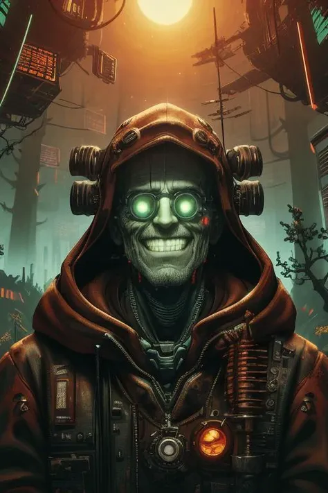 best quality, masterpiece, (1man, wrinkled face, old male:1.2), frail, green eyes, blonde hair, side-swept fringe, (style-rustmagic:0.8), (medieval cyborg:0.8), portrait, (bloody wounds:0.7), looking up, solo, upper body, detailed background, (<lora:MalwareTech:0.6>, malware glitch, cyberpunk, matwaretech theme:1.1) smirk, sunshine engineer, floating screws, light green tattered dirty clothes with gears, techwear, gloves , hood, goggles with multiple lenses, flintlock pistol, remote forest in background, gears, steam, technology, spare parts, , switches, , tools,