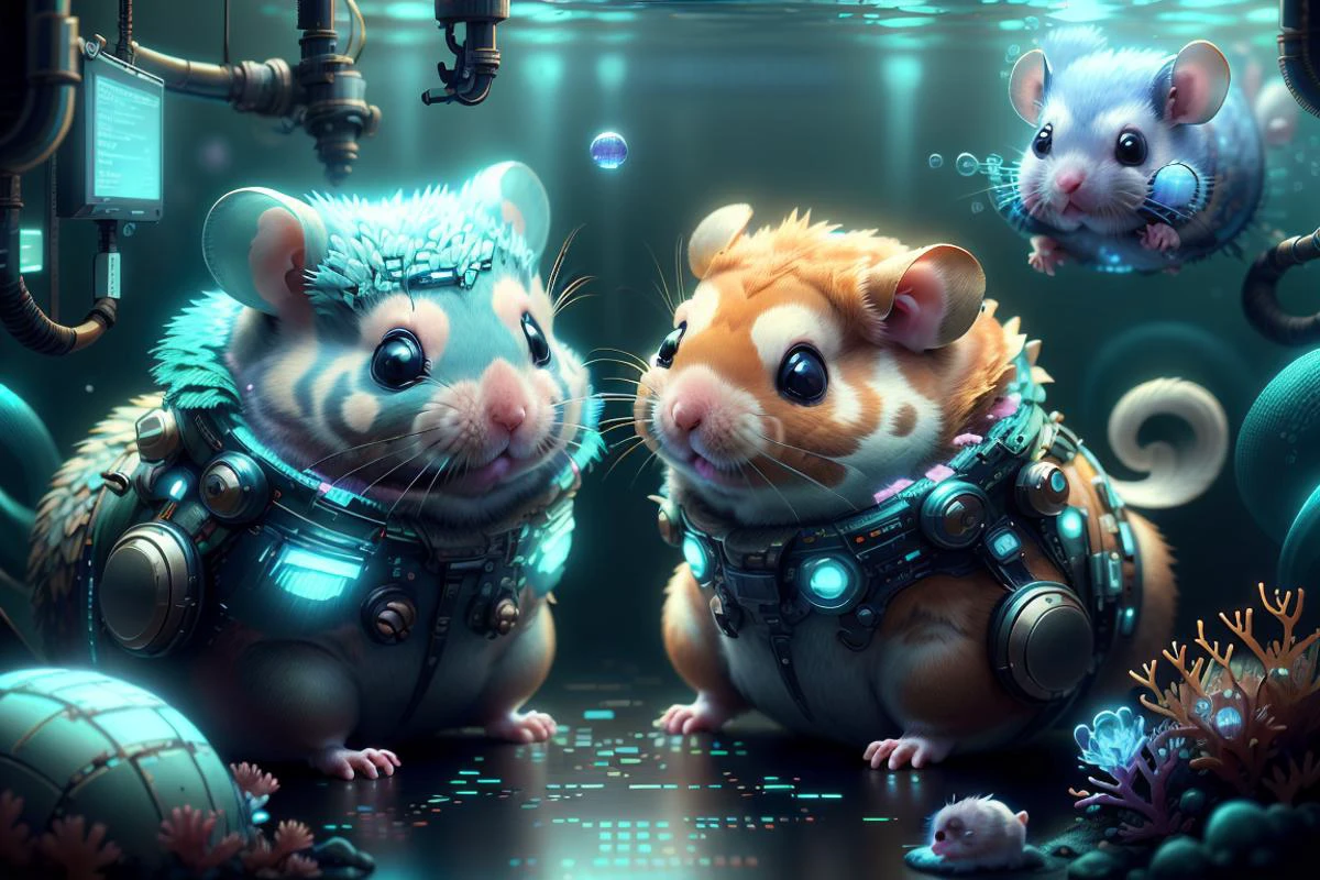 (hamsters,:1.2) , in cyberspace , <lora:MalwareTech-22:0.8> matwaretech , scifi, cyberpunk, pixelated, malware glitch, <lora:AtlantisTech-20:0.7> atlantistech, bioluminescent , undersea, bubbles, volumetric lighting