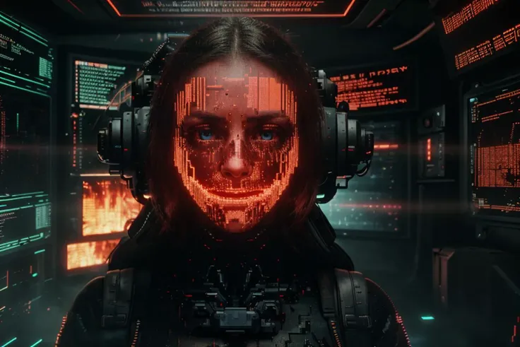 female with a large console television monitor head displaying the NTSC 4:3 format. The scene takes place in a high-tech underground hideout, shrouded in secrecy, where every surface is drenched in blood and viscera. A highly detailed photograph captures the intense gaze of a man, his eyes shining a vibrant shade of blue, as they are displayed on the screen. <lora:MalwareTech-22:0.8>, matwaretech , cubic television head, scifi, cyberpunk, pixelated, malware glitch hues, array of crt televisions, masterpiece, best quality