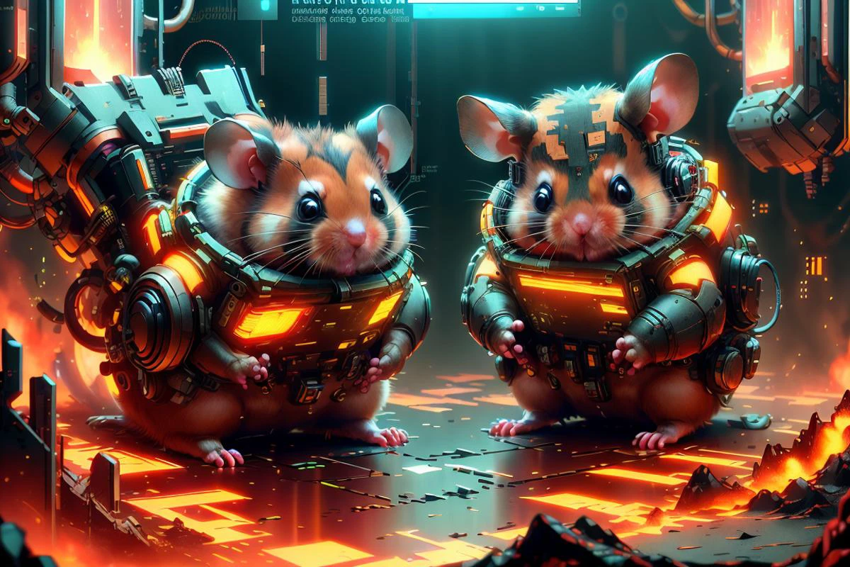 (hamsters,:1.2) , in cyberspace , <lora:MalwareTech-22:0.8> matwaretech , scifi, cyberpunk, pixelated, malware glitch, <lora:ExoMagmaTech-20:0.8> exomagmatech, scifi, lava made, translucent ,