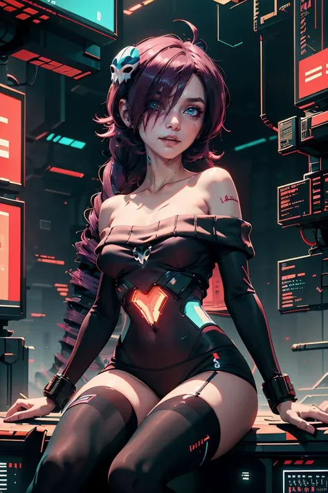 (masterpiece, best quality), 1girl, <lora:newgrounds_zone-tan:0.8> zone-tan, hair over one eye, ahoge, drill hair, skull hair ornament, off-shoulder sweater, thighhighs <lora:MalwareTech:0.8> matwaretech , scifi, cyberpunk, pixelated, malware glitch