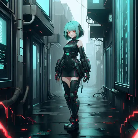 (Wide angle view). Matrix film inspired city, simple outlined neon tall buildings, glowing giant clock tower, lightning, close-up glowing matrix cascading code, 3D rendering Beeple. At night, (1girl, solo, alone), photorealistic, large-breast slim:0.6 body, oval:0.5 face, cleavage:1.1, miniskirt, deep-v, ((???????)), glove, (Matrix style black micro sunglasses), ((aiming viewer with a short gun)), (half-body thigh level close-up shot), cinematic lighting, ray tracing.