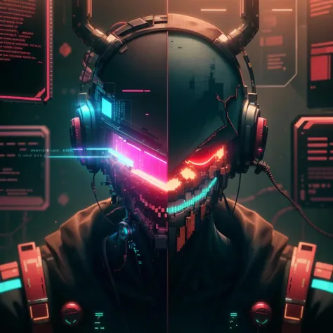 <lora:MalwareTech-22:0.9>, matwaretech , scifi, cyberpunk, pixelated, malware glitch,
holding a smartphone, neon mouth mask, helmet, visor,
